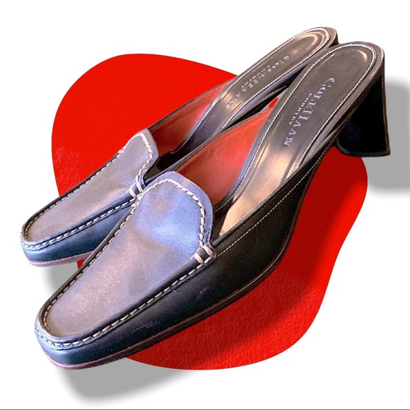 Cole Haan Square Toe Black Leather Loafer Mules w Wooden Stacked Low Heel Size 8 - Picture 2 of 16